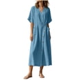 thumbnail image 6 of Bxsruta Women's Wrap V Neck Midi Dress Button Front Short Sleeve Loose Fit Casual Faux Linen Summer Dress Breathable Lightweight Versatile Everyday Flattering, 6 of 8