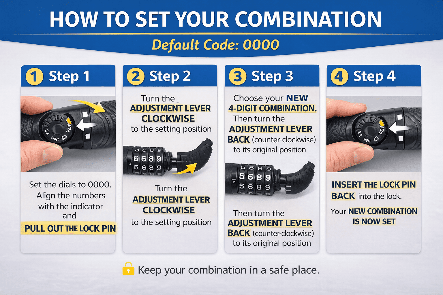 4-Pack Steel Combination Bike Lock Set 4 ft Cable, Resettable 4-Digit Code Black