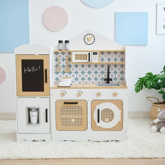 Teamson Kids Little Chef Morocco Wooden Play Kitchen & 11 Accessories with Oven, Microwave, Ice Dispenser Chalkboard on Refrigerator