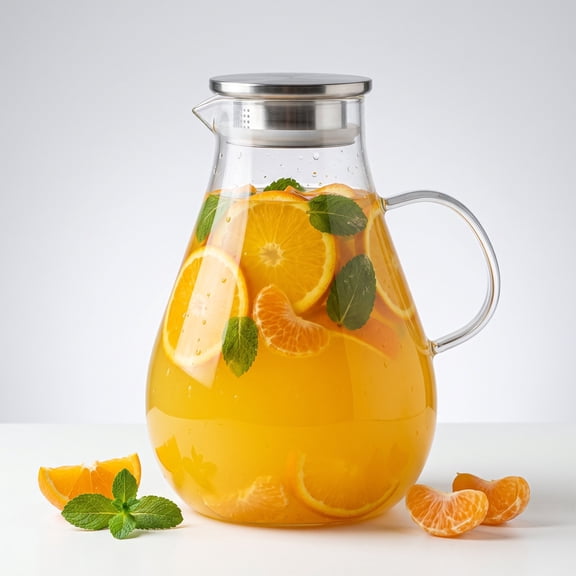 1 Gallon Round Glass Pitcher with Ergonomic Handle & Airtight Stainless Steel Lid, 128oz Heat & Cold Resistant Fruit Infusion Carafe, Wide Spout Large Beverage Jug for Hot Water, Lemonade & Iced Tea