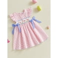 thumbnail image 5 of Toddler Baby Girl Easter Outfit Rabbit Embroidery Fly Sleeve Crewneck Smocked Dresses Bowknot Plaid A-line Dress Cute Summer Clothes 6M-5T, 5 of 9