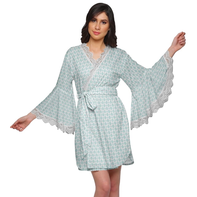 Moomaya Robe Courte Imprimée pour Mariée en Préparation, Manches Évasées, Peignoir, Portefeuille pour Femmes