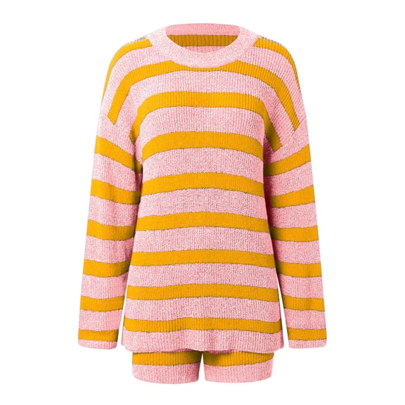 Women's Striped Long-Sleeve Knit Two-Piece Set with Shorts Striped Long Sleeve Knit Sweater And Shorts Two Piece Casual Outfit Comfortable Soft Loungewear Orange S