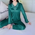 thumbnail image 4 of hotojiny Women's 2 Piece Satin Lounge Sets Plus Size Long Sleeve Lace V Neck Tops with Pants Pajamas Set Soft Sleepwear, 4 of 7