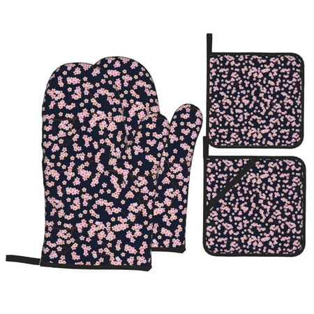 

Oven Mitts and Pot Holders Sets 4 pcs Flower pink Non-Slip Oven Gloves Potholders Soft Quilted Lining Heat Resistant Gloves Hot Pads for Kitchen Cooking Baking