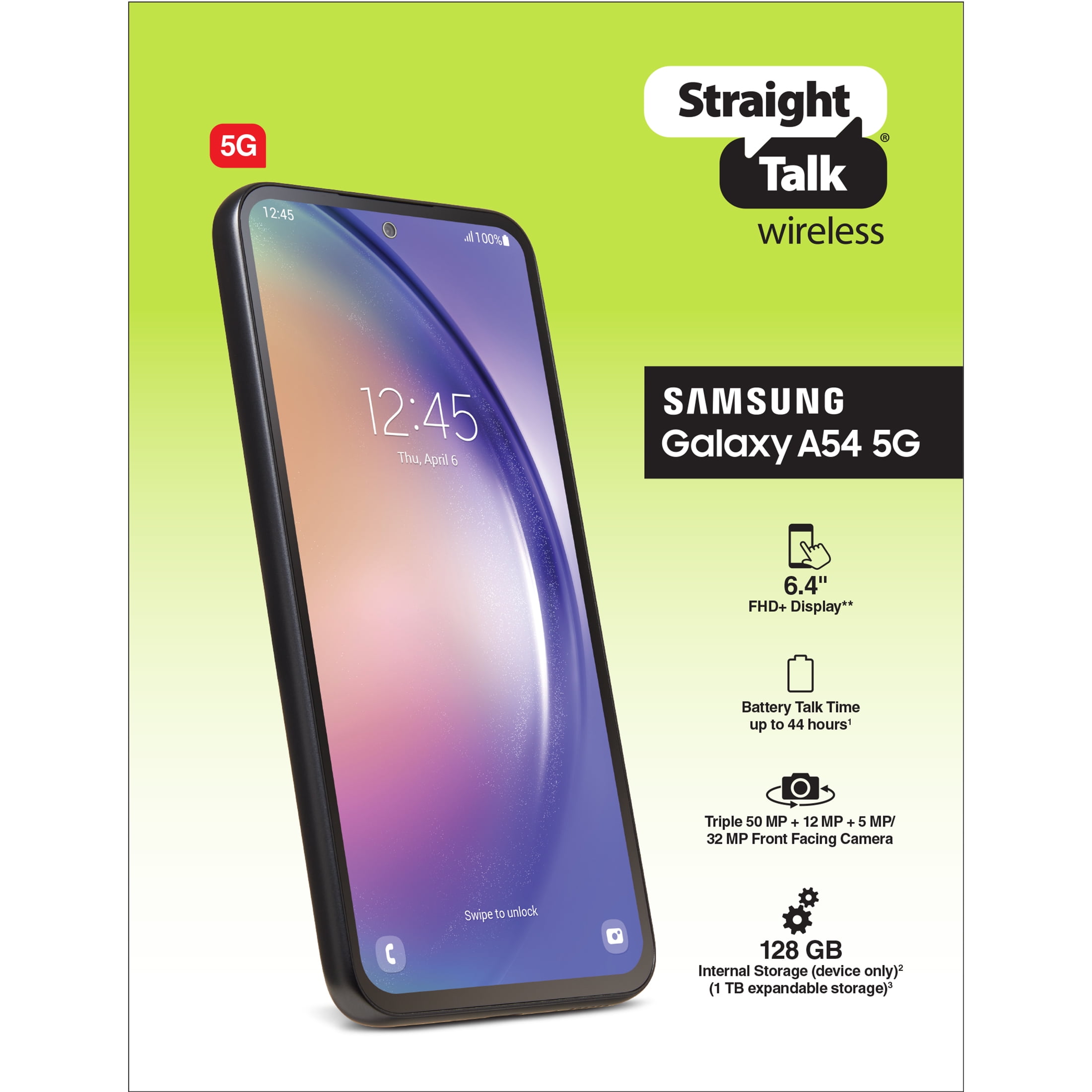 Straight Talk Samsung Galaxy A54, 5G, 128GB, 6GB Ram, Black - Prepaid  Smartphone [Locked to Straight Talk] 