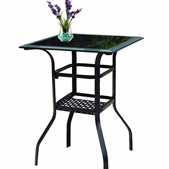 PatioFestival Outdoor Bistro Bar Table,Patio Metal Steel Slat Dining Side Table 2-Tier Tempered Glass Top with Storage (1 Table)