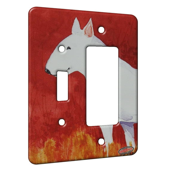 KuzmarK™ 2 Gang Single Toggle / Single Duplex Rocker Wall Plate - White Bull Terrier with Autumn Colors Dog Art by Denise Every