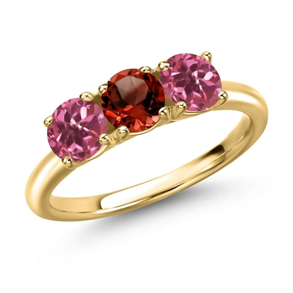Gem Stone King 18K Yellow Gold Plated Silver Red Garnet and Pink Tourmaline Engagement Ring for Women | 1.59 Cttw | Round 5MM | Gemstone January Birthstone | Size 7