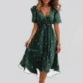 thumbnail image 2 of Qwertyu Spring Dresses for Women 2025 Boho Floral Printed Chiffon Dresses Elegant V Neck Belted Summer Wedding Prom Cocktail Midi Dress Dark Green S, 2 of 4