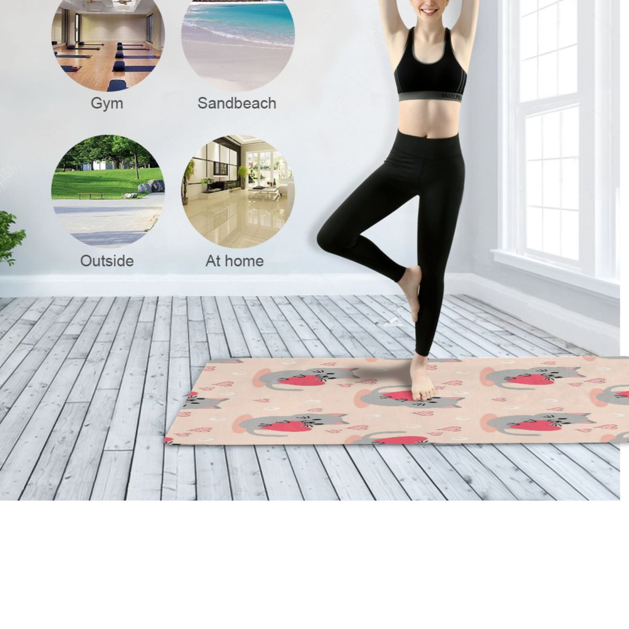 BZSMCE Yoga Mat Women Fitness Mat Cute Cat Heart Pattern