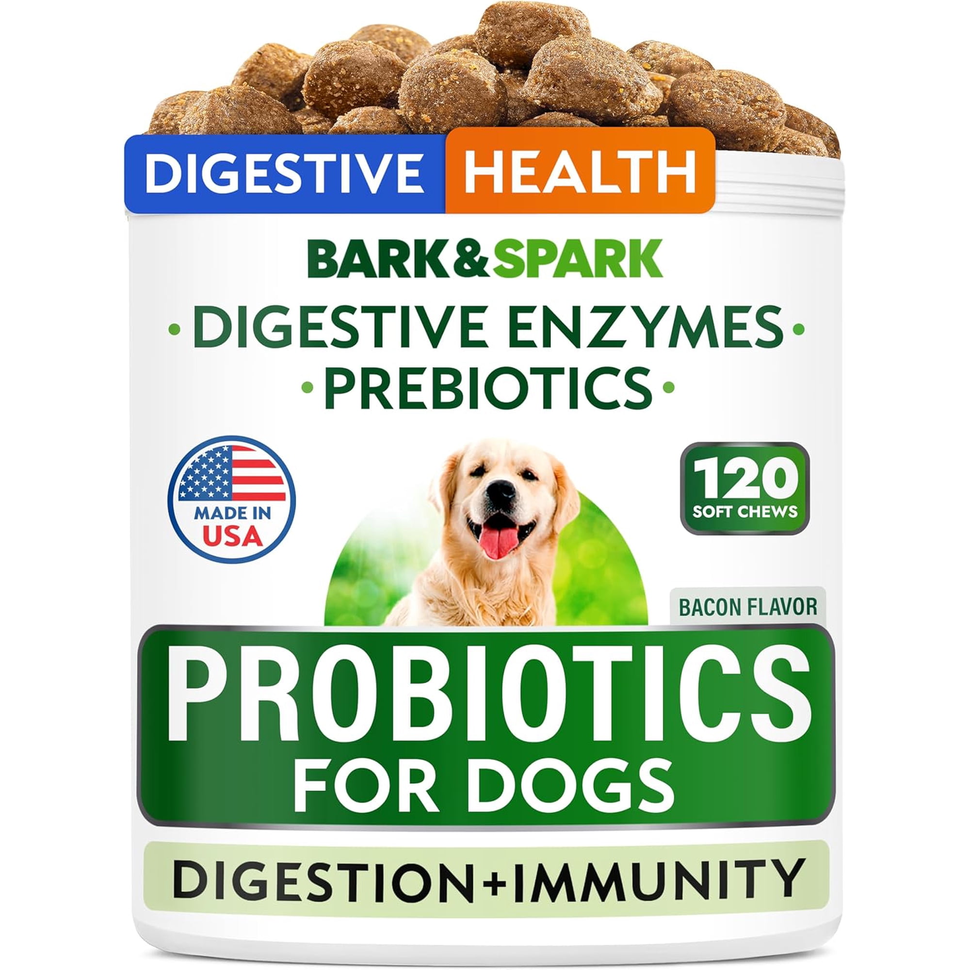 Bark&Spark Probiotic Chews for Dogs - Digestive Enzymes, Diarrhea & Upset Stomach Relief - Gut Health, Itchy Skin, Prebiotic, Bacon (120 ct)