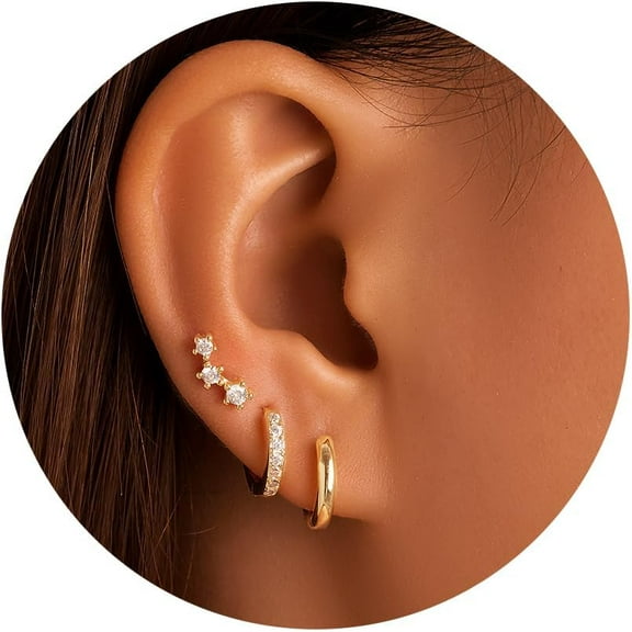 Small Gold Hoop Earrings Set, 14K Gold Plated Huggie Earrings Set For Multiple Piercings,Dainty Gold Stud Earrings Stack Dangle Earrings For Women[Z4371]