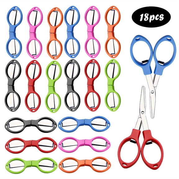 18 Pcs Mini Folding Scissors, Glasses Shaped Stainless Steel Pocket Scissors With Plastic Handle, Portable Keychains For Travel Office School, DIY Craft Cutting Tools