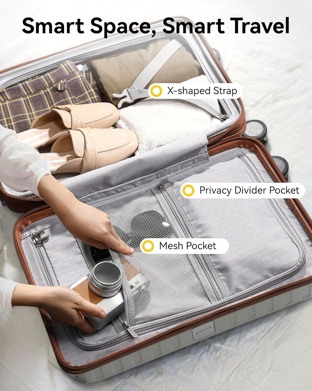 Carry On Luggage 22x14x9 Airline Approved, PC Expandable Hard Shell Suitcases with Spinner Wheels, 20 Inch, White Brown