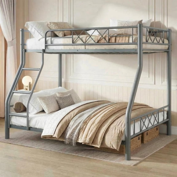 Twin Over Full Metal Bunk Bed with Ladder, Guardrails & Steel Slats, Heavy Duty Space-Saving Bed Frame