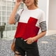 thumbnail image 3 of Camiseta de mujer Bloque de color a rayas Manga corta Cuello redondo Top suelto, Rojo vino, S Speravity AP001245-21, 3 of 7