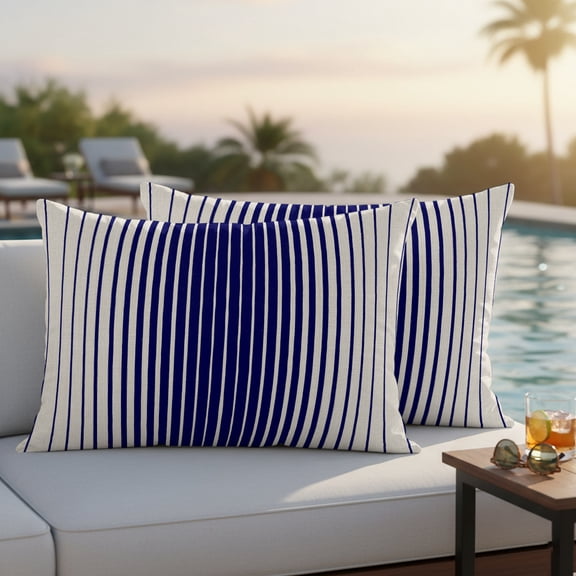 Navy Blue Striped Outdoor Pillow Covers 20x12 Inch Lumbar Pillow Covers Set of 2 Waterproof Decorative Throw Pillow Cases Farmhouse Beige Stripes Vintage Rustic Cushion Covers for Patio Garden Couch