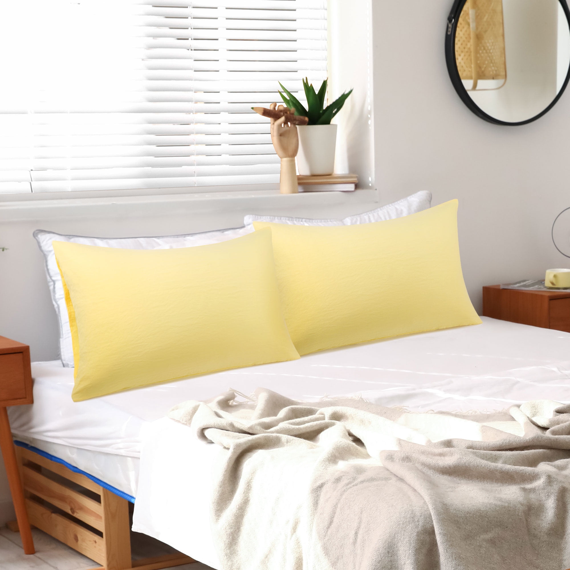 Unique Bargains 2Pcs Envelope Closure Washed Microfiber Pillowcases Queen Yellow
