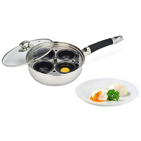 Modern Innovations Stainless Steel Egg Poacher Pan Set with 4 Nonstick Egg Poacher Insert Cups, Silicone Handle, Glass Lid and Removable Tray for Multi-use Frying Pan. BPA Freeâ€“ Bonus Mini