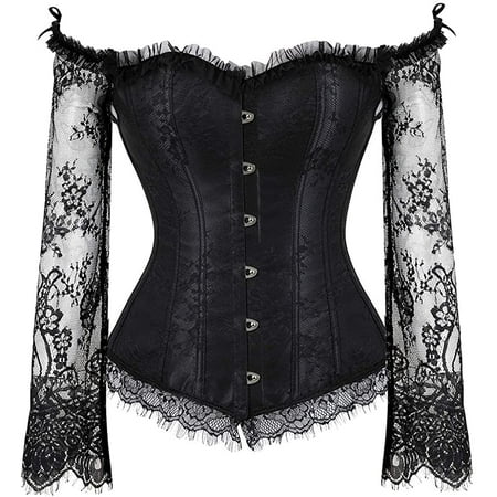 

QWZNDZGR Corset Tops for Women with Sleeves Bustier Overbust Lace Up Bodice Lingerie