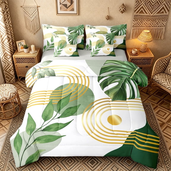 Castle Fairy Boho Tropical Leaf Twin Bedding Sets 7-Piece for Teens, Geometric Art Bedding Comforter Set for Bedroom, Green Gold,Grey Reversible