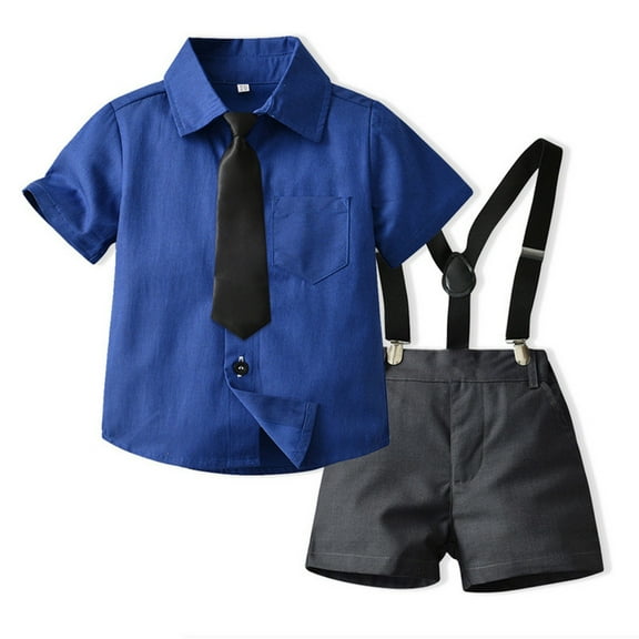 LNMQLPDBS Toddler Boy Short Sets Short Sleeved Solid Color Button Down Lapel Dress Shirt with Pocket Tie Strap Shorts 3pcs Outfits 3t Boy Clothes Baby Gentleman Suit for Party Wedding
