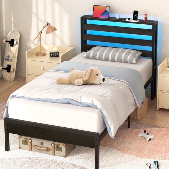 Yoobure Twin Bed Frame with Storage Headboard, Metal Platform Bed Frame with Charging Station and LED Lights, No Box Spring Needed, Black