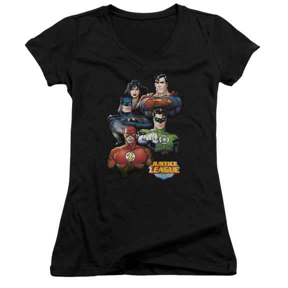 JLA Justice League Group Portrait Junior Women's T-Shirt V-Neck Black