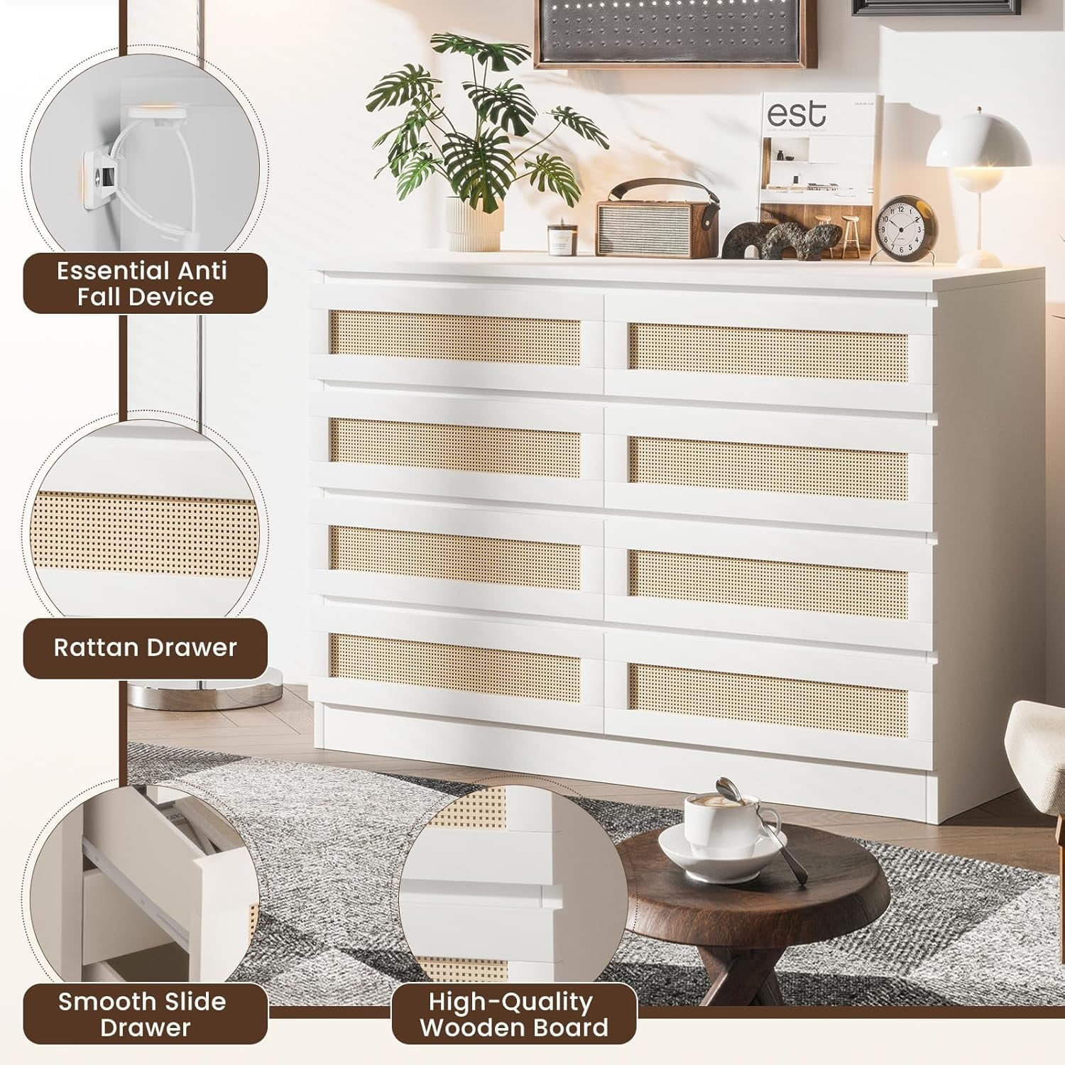 Kicctian 47 Inch Rattan 8-Drawer Dresser, Modern Farmhouse Chest, Multi-Functional TV Stand Dresser for Bedroom,Living Room,White