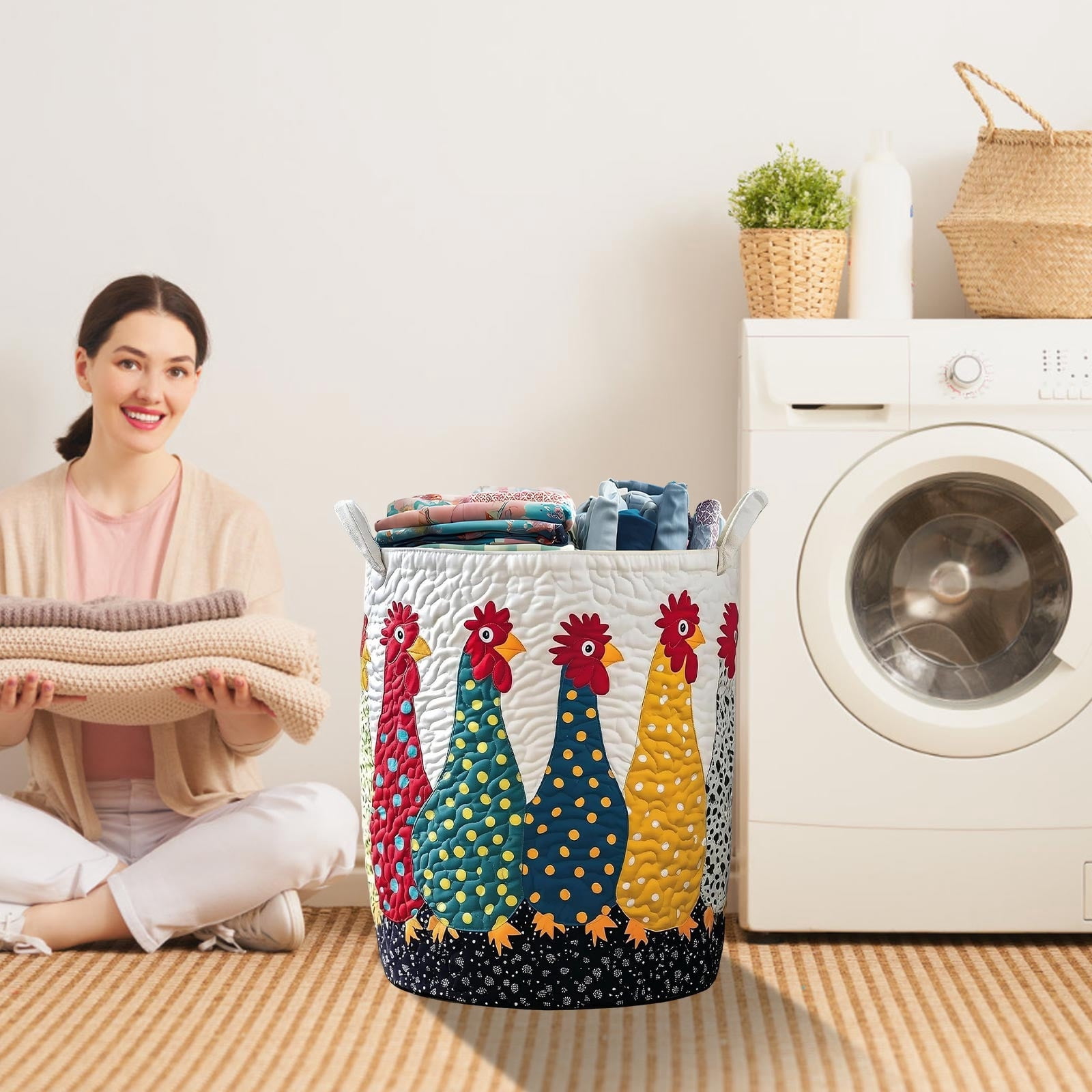 DAMAI Quilted Laundry Basket Boho Fabric Floral Storage Hamper for Blankets Toys Book and Clothes Laundry Hampers Bin for Bathroom Kitchen Hotel