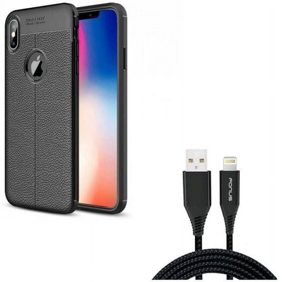 PU Leather Case w Charger Cord 10ft USB Cable for iPhone XS Max - Slim Fit Cover Reinforced Bumper Shock Absorbent Black and Power Wire Braided Long Sync
