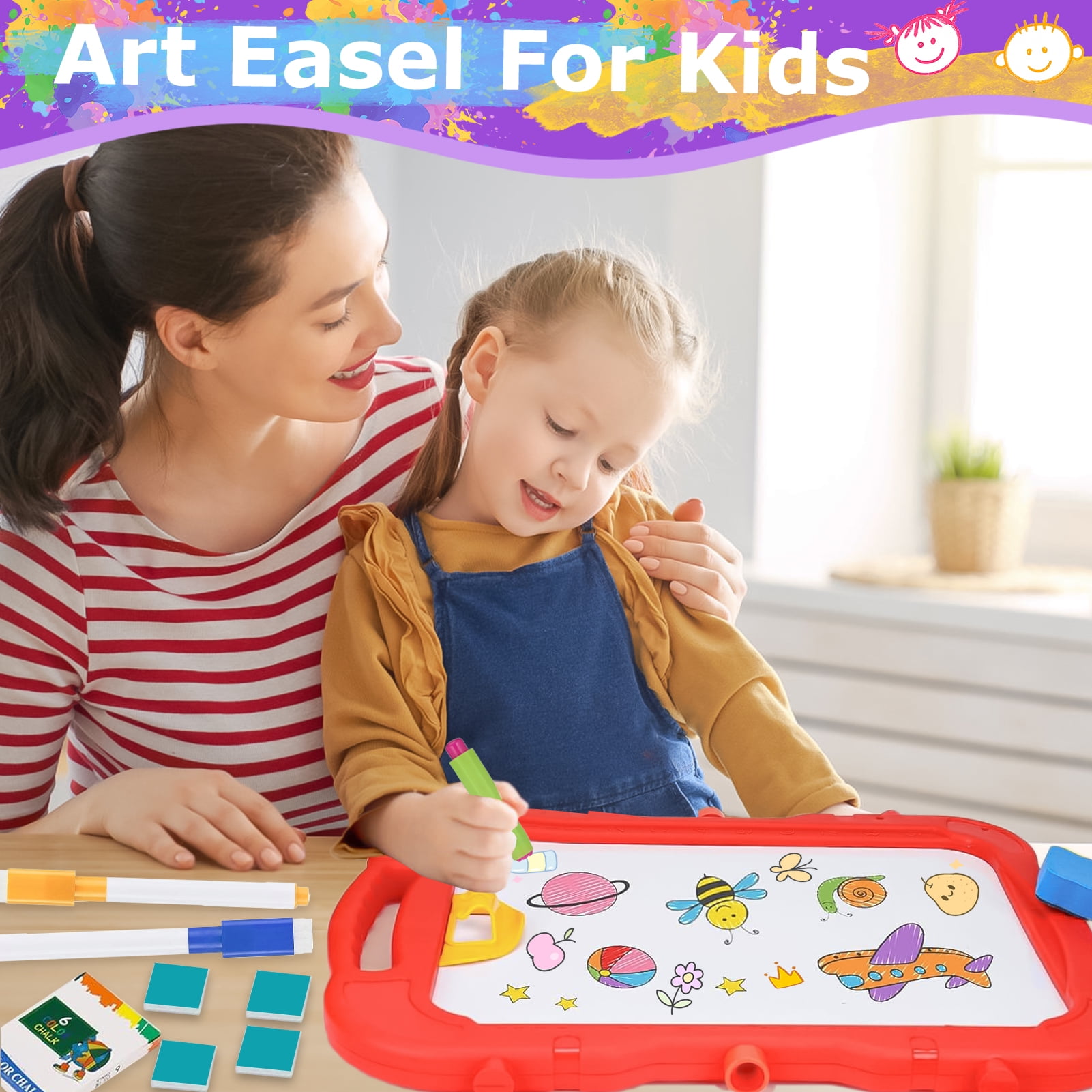 Sunforu Double-Sided Magnetic Kid Art Easel, Complete Drawing Station with Whiteboard and Chalkboard, Height-Adjustable, Blue