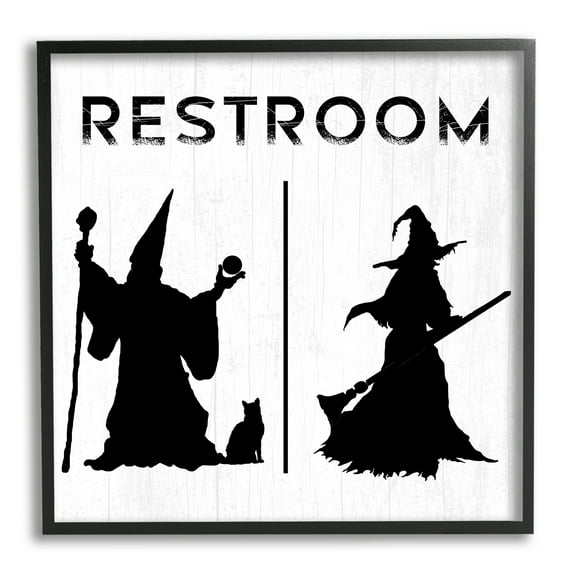 Stupell Industries Rustic Witch & Wizard Halloween Restroom Sign Graphic Art Black Framed Art Print Wall Art, Design by Daphne Polselli