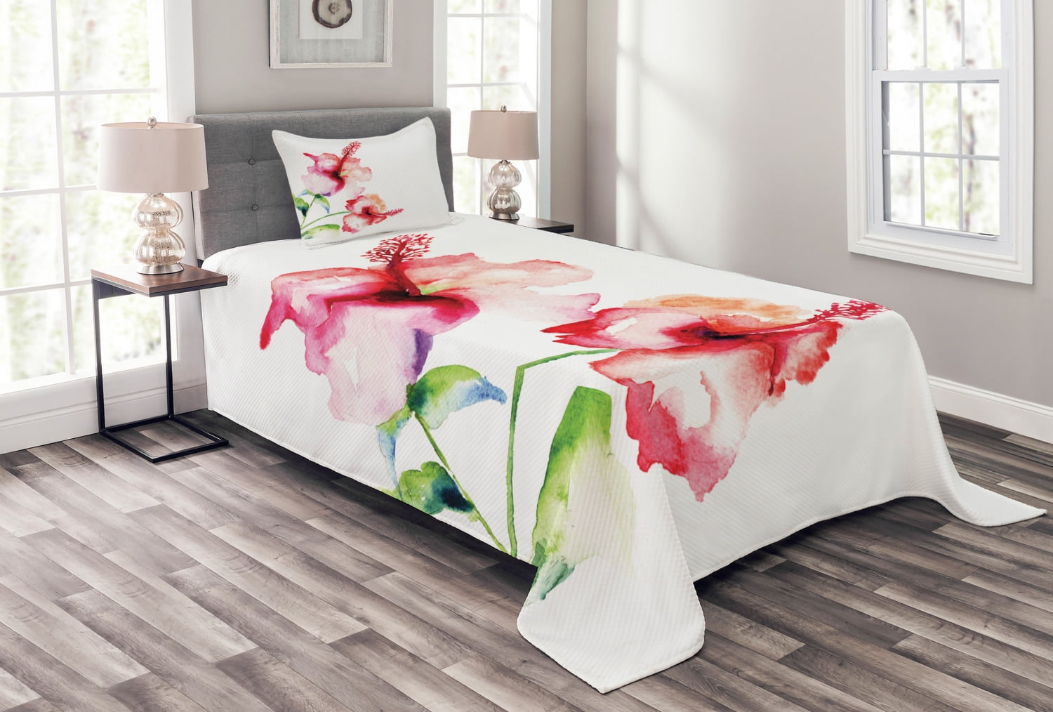 Watercolor Flower Bedspread Set Twin Size, Hibiscus Flowers on Plain