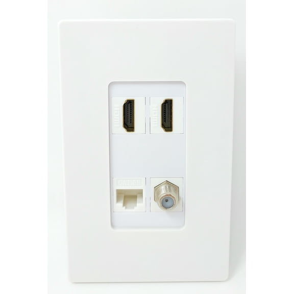 RiteAV - 2 x HDMI and 1 x Ethernet Cat5e and 1 x Coax Cable TV F Type Port Screwless Wall Plate - White