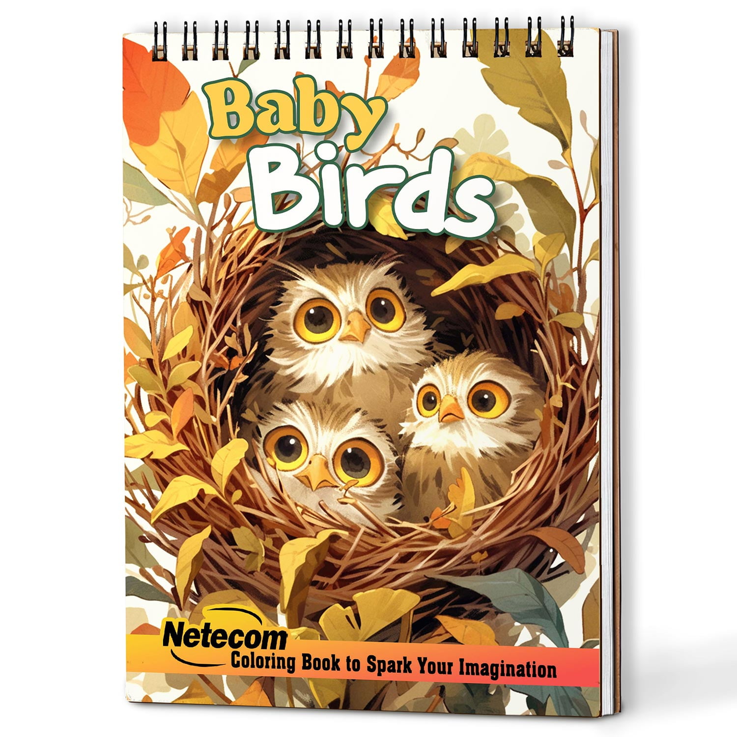 Netecom Baby Birds Coloring Book Spiral Bound A5 Wooden Cover 30 Adorable Illustrations of Feathered Nestling for Stress Relief and Relaxation
