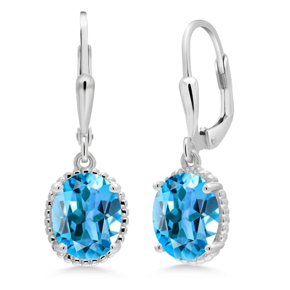 Gem Stone King 925 Sterling Silver Swiss Blue Topaz Leverback Dangle Earrings for Women (3.60 Cttw, Gemstone November Birthstone, Oval 9X7MM)