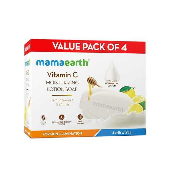 Mamaearth Savon-Lotion Hydratant à la Vitamine C (Lot Valeur de 4) - 125 g X 4 Unités / Nettoie en Profondeur / Barre de Bain Hydratante / Illumine la Peau / Nourrit la Peau Sèche / Non-D
