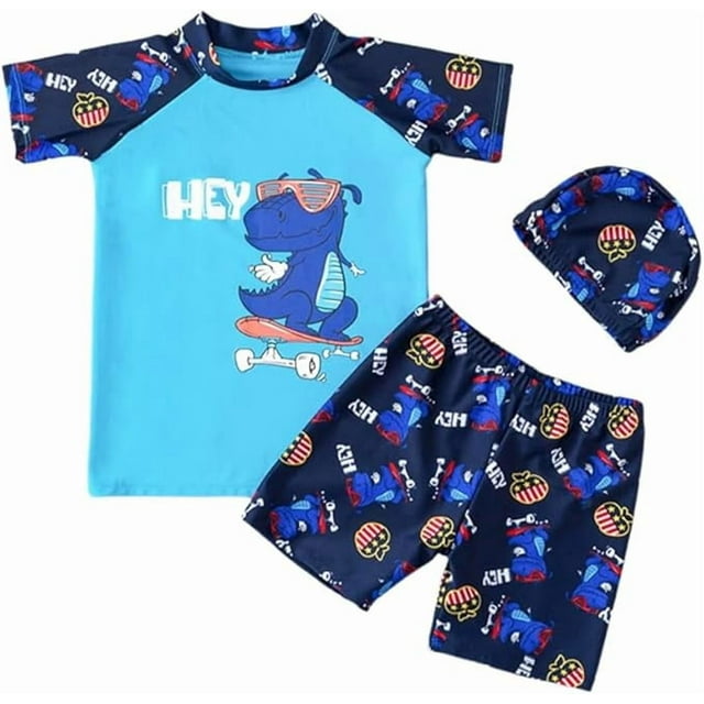 Traje de baño de 3 piezas para niños pequeños, camiseta de natación, pantalones cortos de natación, gorro de natación