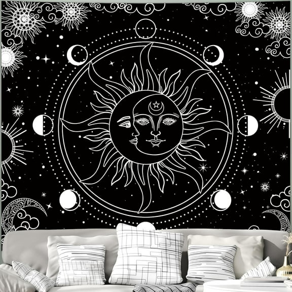 Black and White Sun Wall Tapestry for Bedroom Aesthetic, Dark Phase Spiritual Tapestries, Mystic Burning Sun Moon Galaxy Wall Hanging for Living Room Dorm Home Decor 51in X 60in