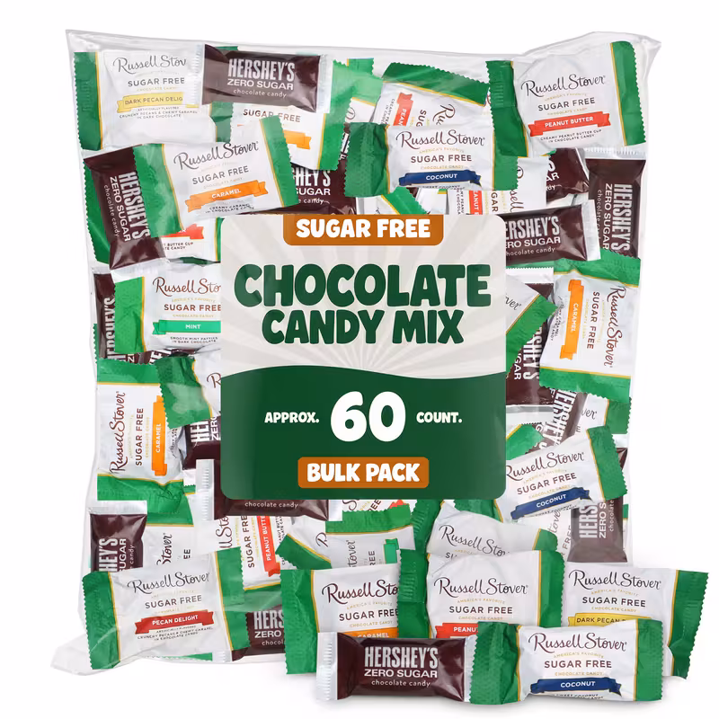 Sugar Free Chocolate Candy Mix - Bulk Pack of Approx. 2 Pounds Individually Wrapped Russell Stover & Hersheys Zero Sugar Chocolates - Assorted Flavors for Parties, Holidays & Everyday Snacking