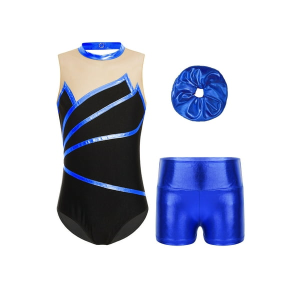 Venjoe Kids Girls Gymnastics Leotard Metallic Striped Ballet Dance Unitard with Shorts Hair Band Set Royal Blue 10