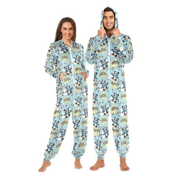 joogoo Cartoon Pandas Skating Unisex Adults Onesies Pajamas Jumpsuits L