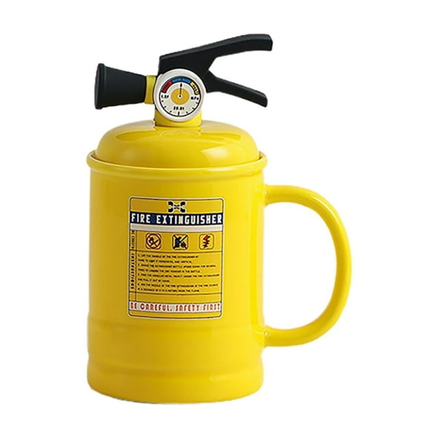 Unique Novelty Fire Extinguisher Shaped Ceramic Mug With Detachable Lid And Included Spoon For Coffee Tea Drinks