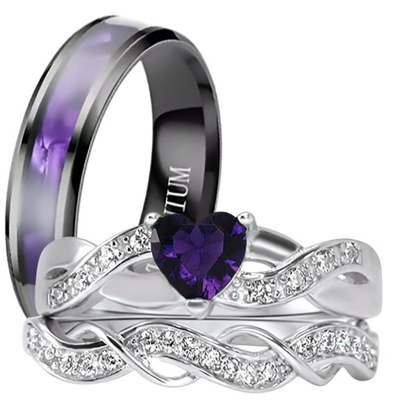 LaRaso Co His Her Wedding Ring Set 3 Piece TRIO Silver Titanium Couples Bands 10 10