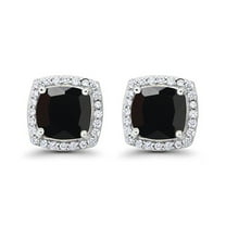 14k White Gold Halo Princess Black Sapphire Stud Earrings Plated by Paris Jewelry