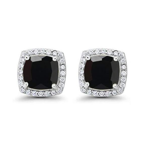 14k White Gold Halo Princess Black Sapphire Stud Earrings Plated by Paris Jewelry