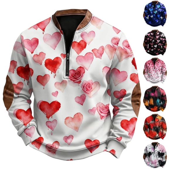 Men's Casual Hoodie American Heart Print Round Neck Long Sleeve Half Pullover for Valentine's Day Winter Wear,Black,L