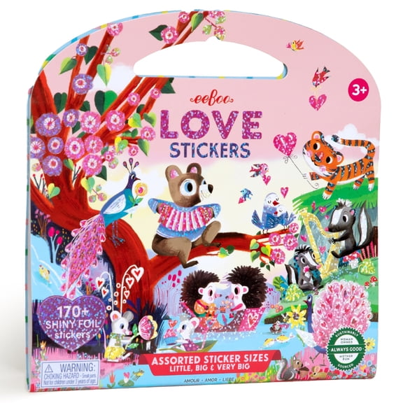 eeBoo: Love Stickers - Valentine's Day - 170  Animal-Nature-Heart Themed, Shiny Rainbow Foil, 3 Assorted Sizes,12 Page Sticker Book, Kids Ages 3 